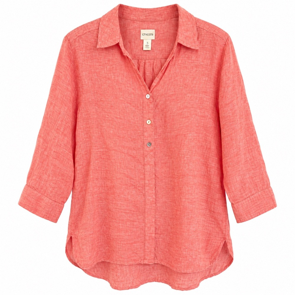 Chico's Linen Button Down Tunic Shirt 100% Linen Size 3 Coral Pink Coastal